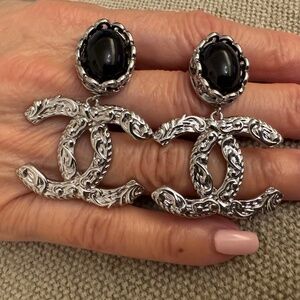 Limited Edition Rare Chanel CC Logo Large Black and Silver Dropped Earrings